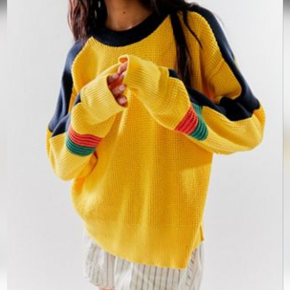 Free People We The Free Speed Racer Waffle Pullover in Sunshine Combo Small